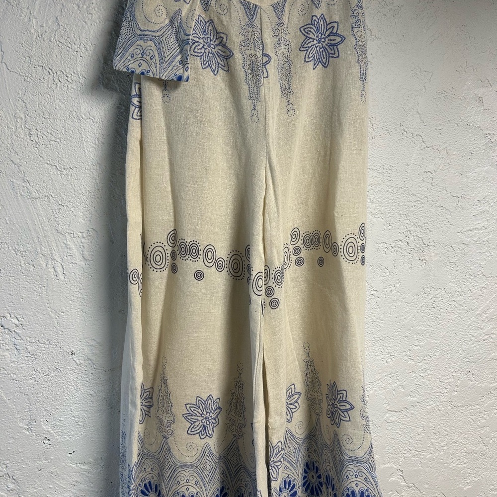 Cotton Cream and Blue Patterned wide leg Pant